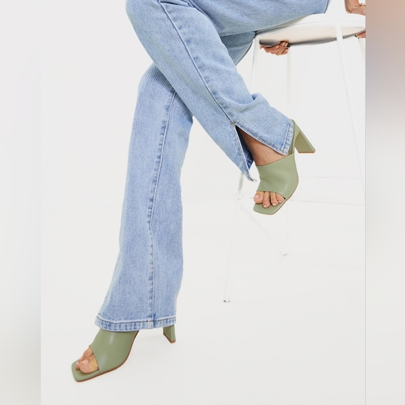 Pretty Little Things- Sage Green PU Square Toe Flat Mid Heeled Mules - Picture 3 of 4